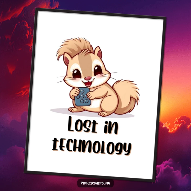 Funny giggling squirrel intently studying a remote control with large buttons on a wall poster.