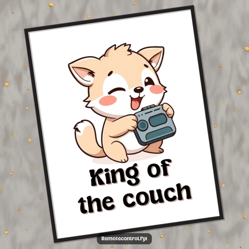 Funny poster featuring a playful animal character aiming a remote control with a silly face, celebrating entertainment and fun.