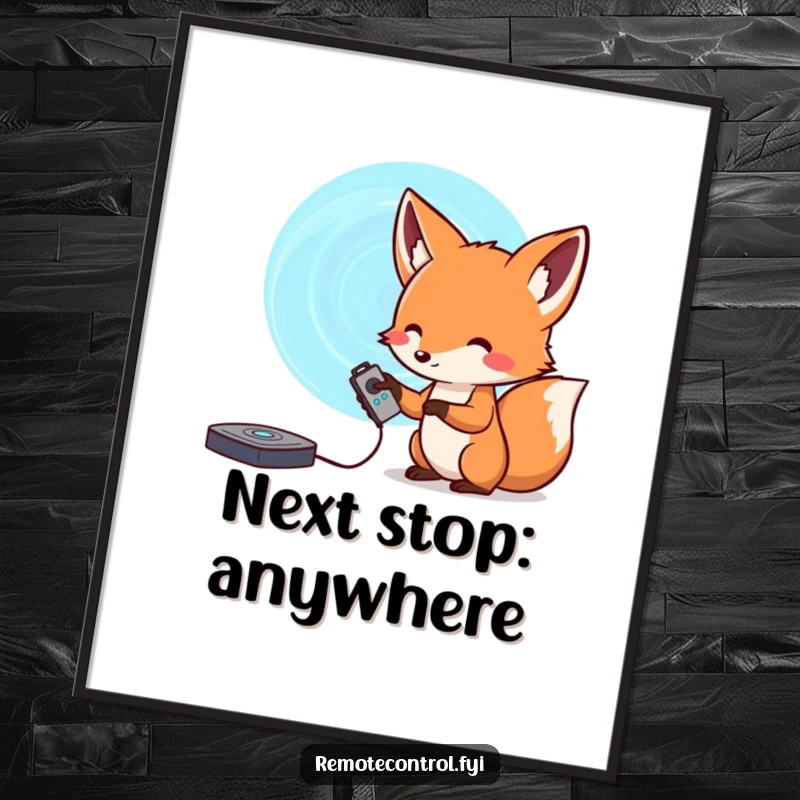 Funny fox poster, a curious fox holding a remote, pointing at a vibrant swirling portal, creating mystical wall art.