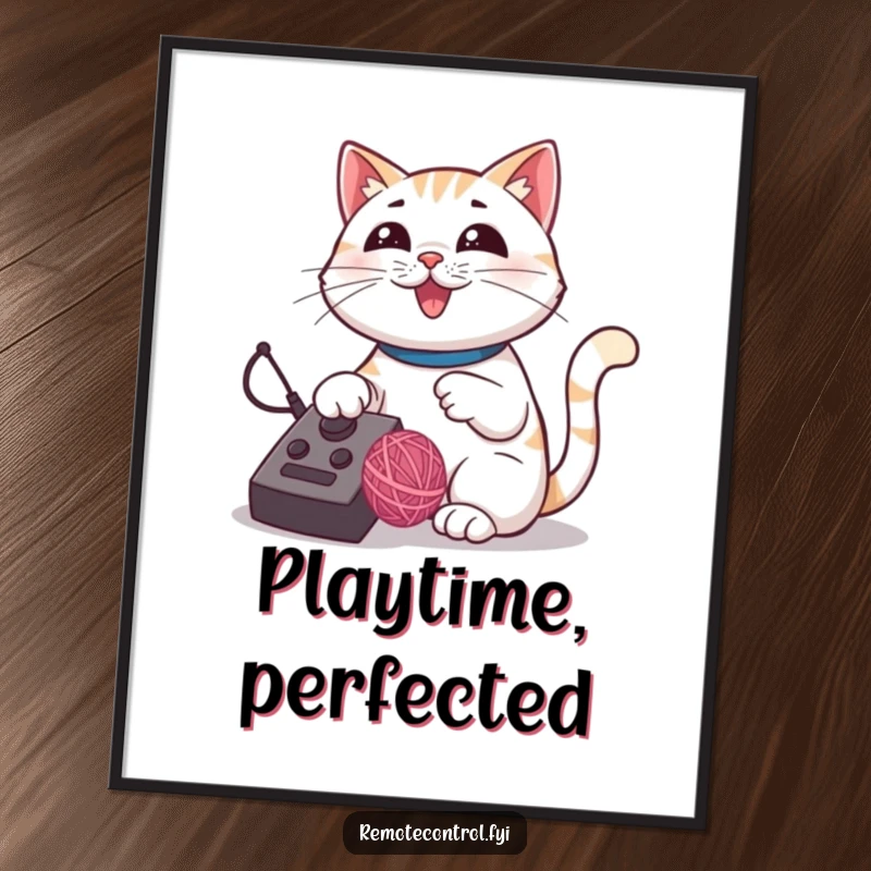 Funny cat poster art showing a proud cat using a remote control to direct a bouncing yarn ball.