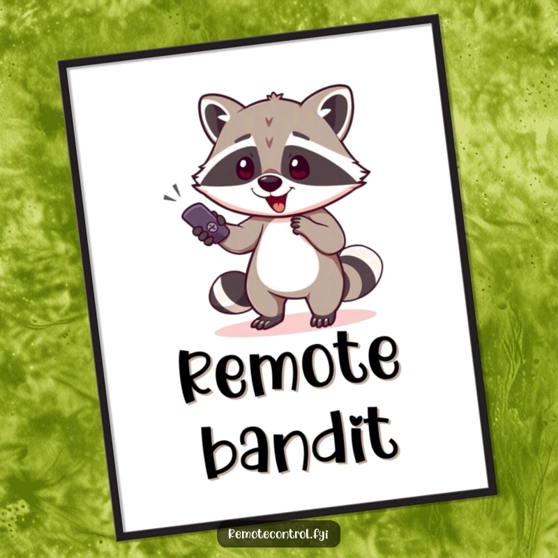 Funny raccoon character attempting to sneak off with a TV remote on a poster, showcasing a hilarious and cunning act of possession.
