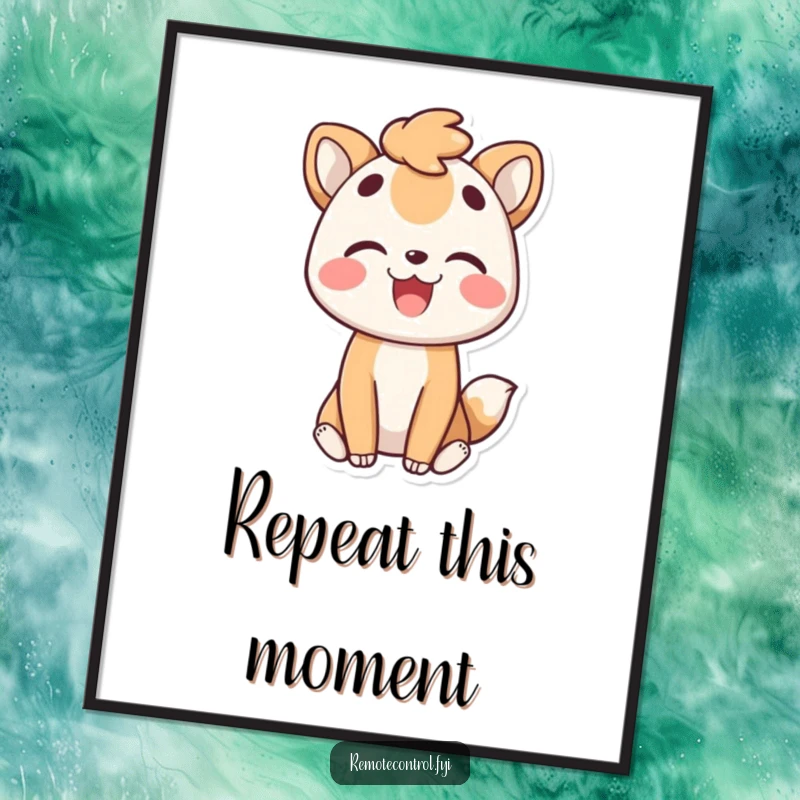 Funny poster showcasing a joyful animal character with a pleased expression, actively rewinding a moment, radiating pure happiness and nostalgia.