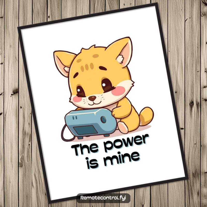 Funny poster showcasing a curious animal character deeply examining a remote control, with an expression of intense interest and wonder.