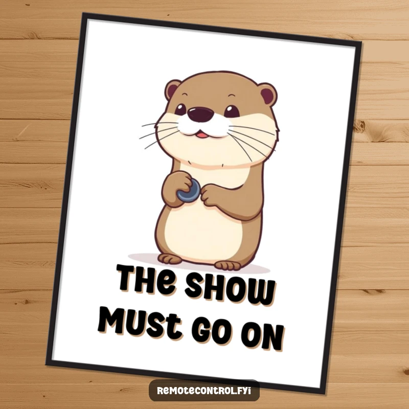 Funny curious otter pressing buttons on an invisible remote, presented as humorous wall art.