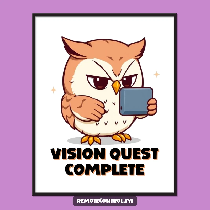 Funny Determined Owl Poster: Hilarious Remote Control Art for Your Wall