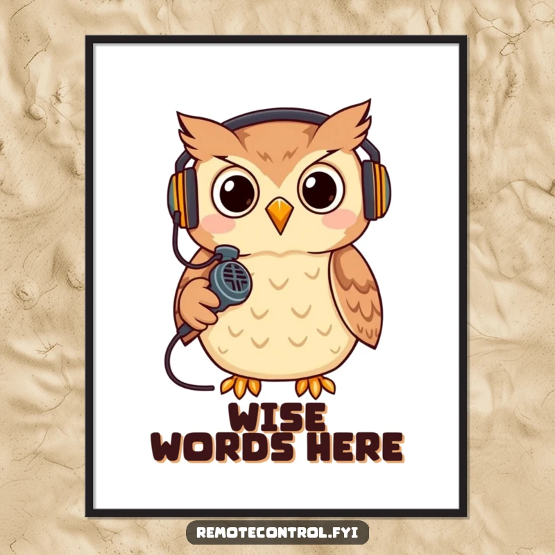 Funny owl wearing a headset, holding a remote like a microphone, gaming. Humorous wall art.
