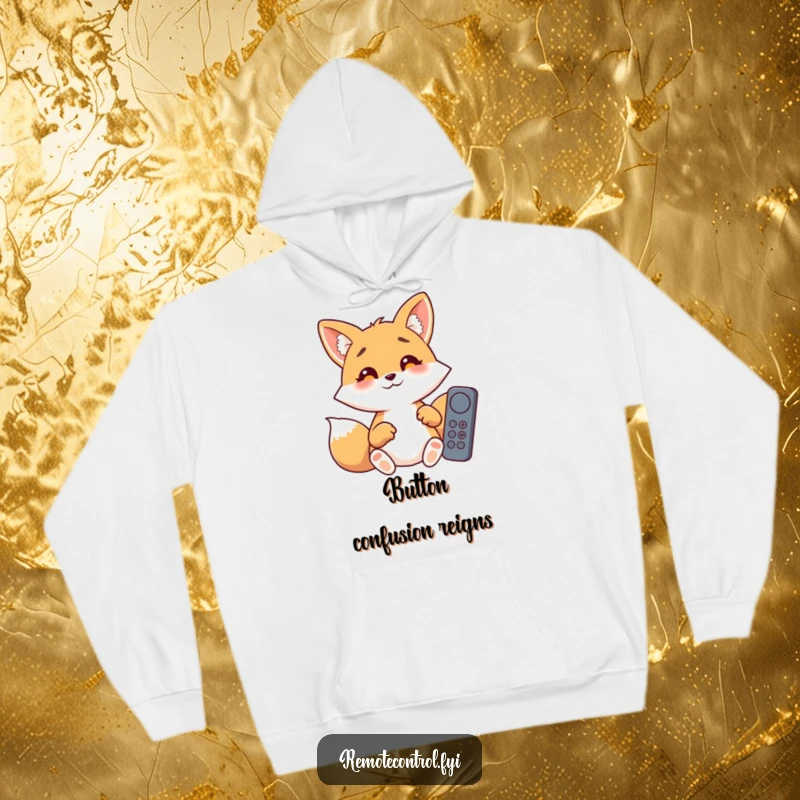 Funny giggling fox with wide eyes, comically fumbling with multiple remote control buttons, as seen on a soft hoodie.