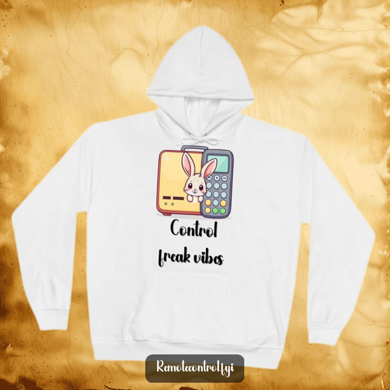 Funny hoodie with a curious bunny hiding behind a large, vibrant remote control, perfect for cozy, humorous relaxation.