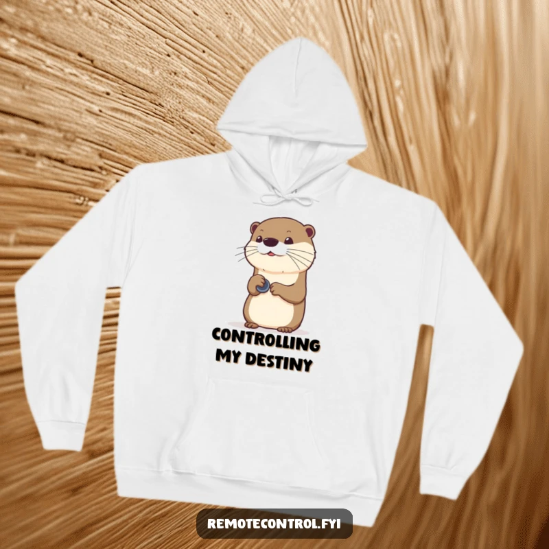 Funny curious otter pressing buttons on an invisible remote, printed on a soft and warm hoodie.
