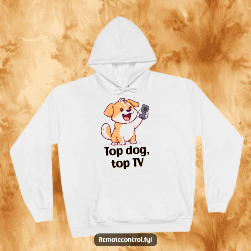 Funny dog hoodie featuring an excited pup with a wagging tail holding a remote control aloft.