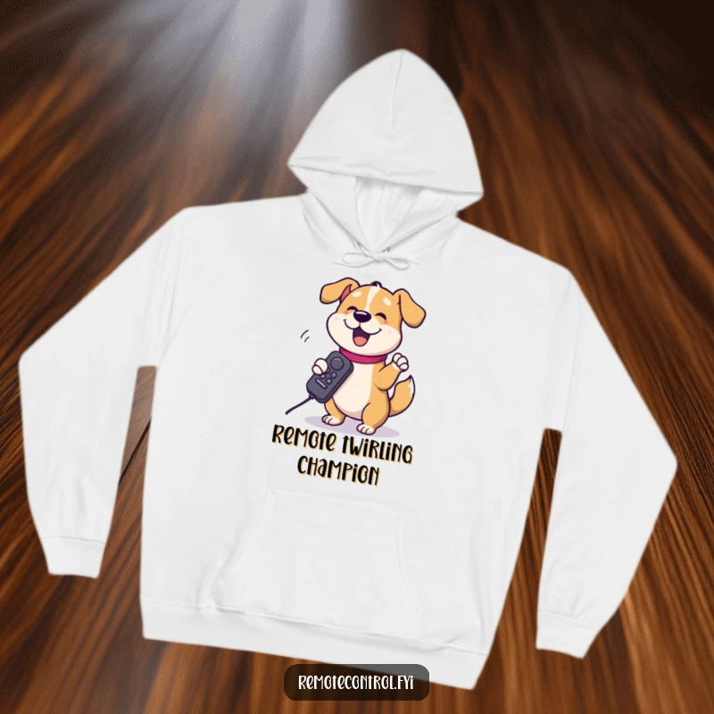Funny dog character joyfully spinning a TV remote around its paw on a hoodie, representing a comical and delightful take on channel surfing.