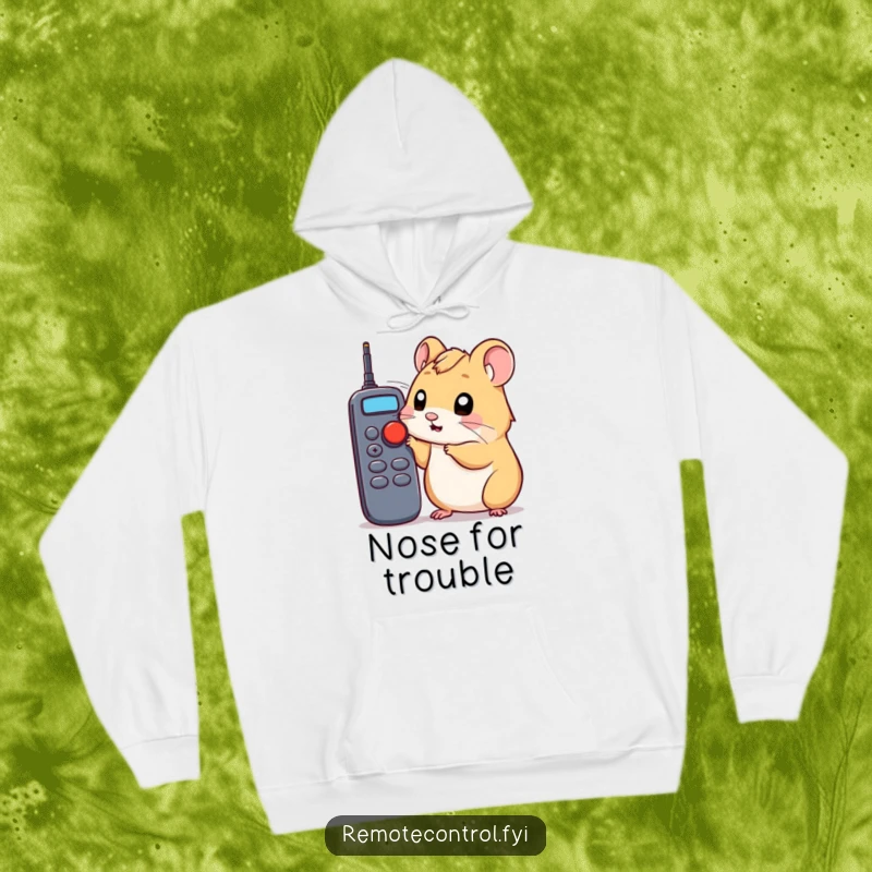 Funny hamster hoodie featuring a curious hamster poking a remote control button with its nose, a humorous and warm garment.