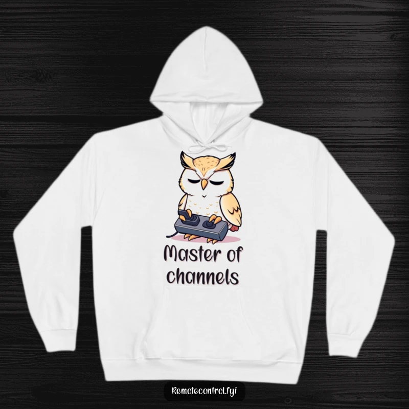 Funny kawaii owl concentrating intensely on a remote control on a hoodie.