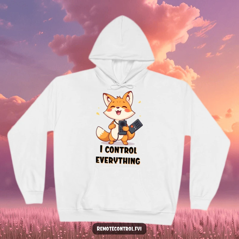 Funny hoodie with a happy fox character joyfully juggling two remote controls, looking entertained. Cozy and humorous.