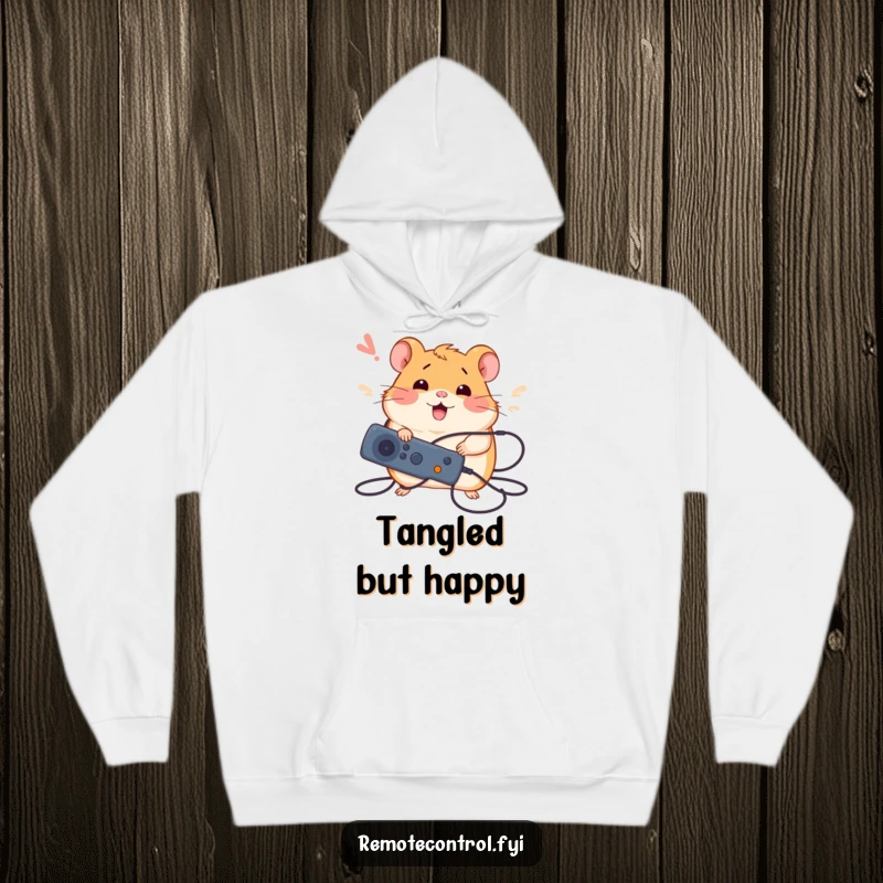 Funny hoodie featuring a silly hamster happily tangled in wires, holding a remote, symbolizing cozy tech frustration and relief.