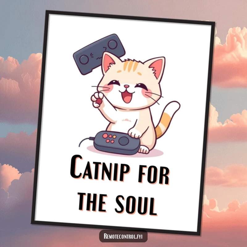 Free printable wall art of a playful cat batting at a remote control with its paw, bringing whimsical fun to any room.