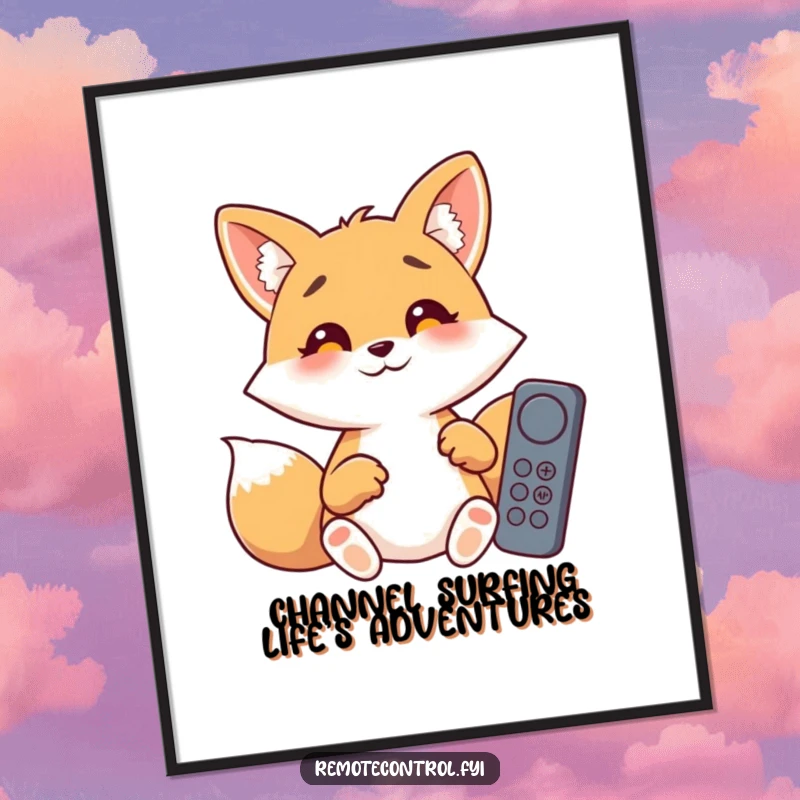 Funny Free Printable Wall Art: A giggling fox with wide eyes comically juggles and fumbles with many remote control buttons.