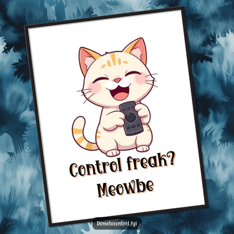 Funny Free Printable Wall Art: Giggling cat with a remote control, playfully pointing at the viewer.