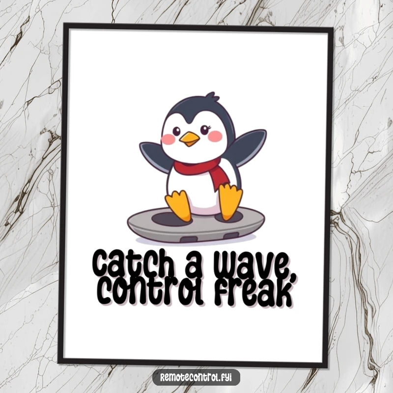 Funny Free Printable Wall Art of a determined penguin sliding on a remote control like a surfboard, embodying fun and adventure, high resolution.
