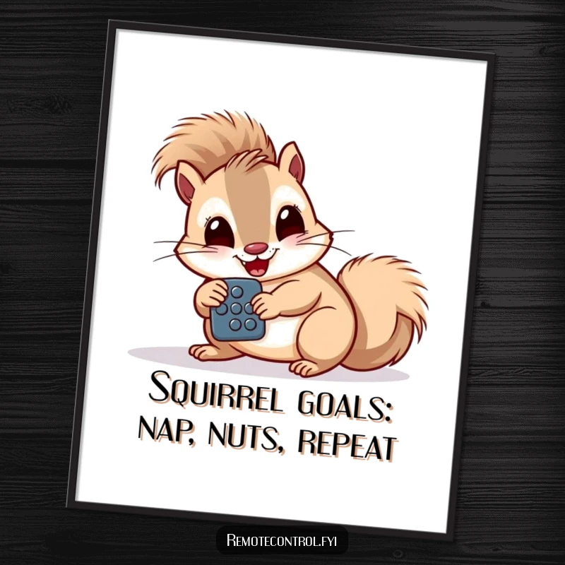 Funny Free Printable Squirrel Wall Art: A giggling squirrel intently studies a remote control with large buttons.