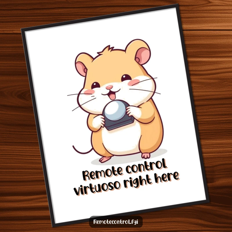 Funny Free Printable wall art of a playful hamster character spinning a remote control on its nose with a look of concentration.