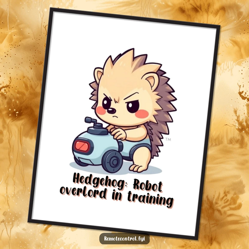 Funny Free Printable Wall Art: Kawaii hedgehog with a determined look controls a tiny robot, showcasing focused fun.