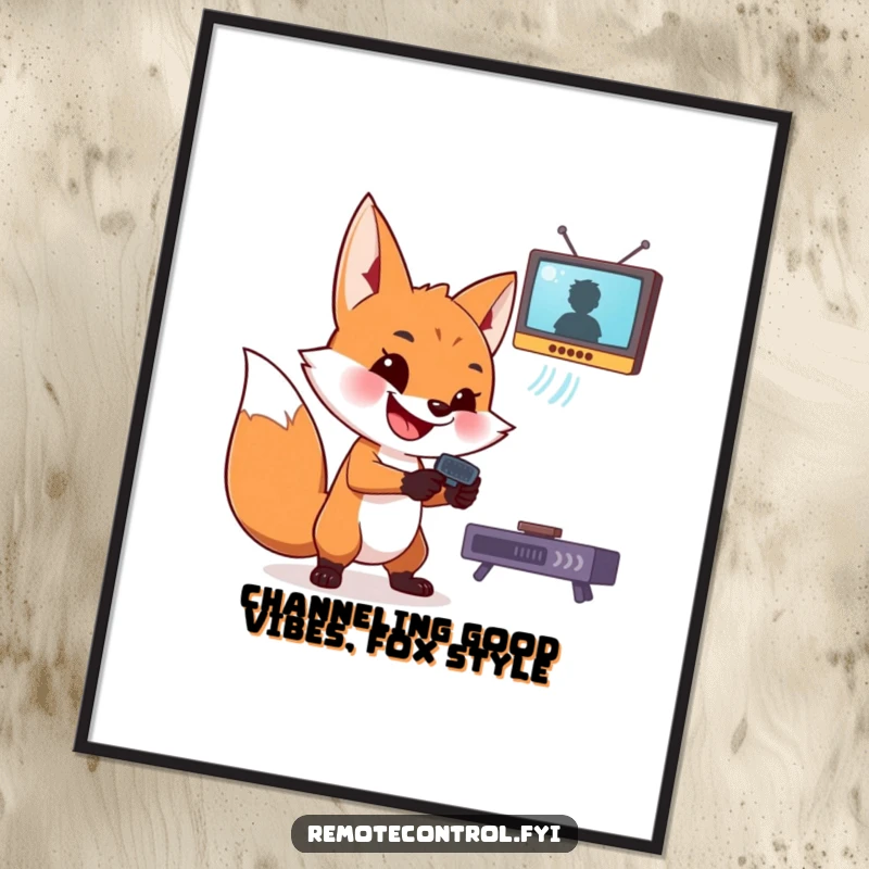 Funny Free Printable Wall Art: Mischievous fox with a wide grin aiming a remote control at a floating TV screen. Humorous downloadable art.