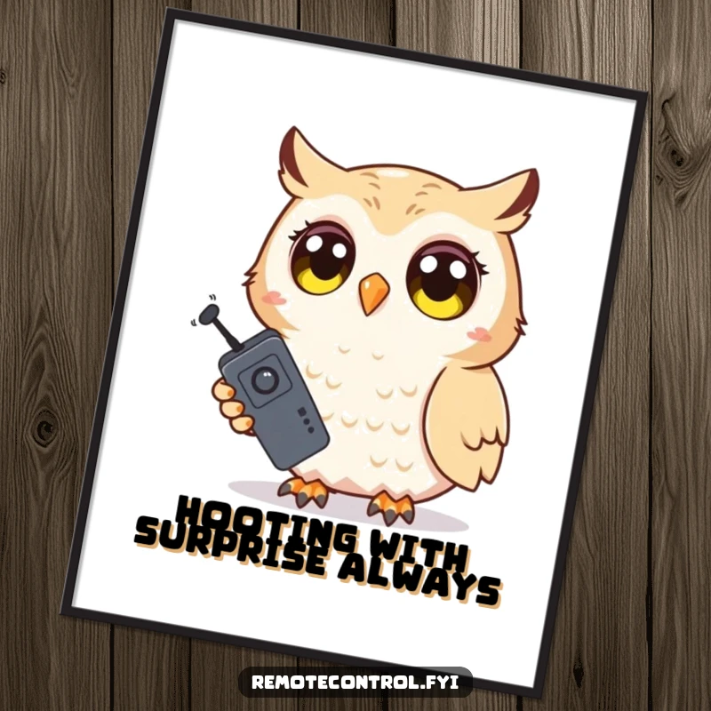 Funny Free Printable wall art of a shy owl character holding a remote control with wide, comically surprised eyes looking out.