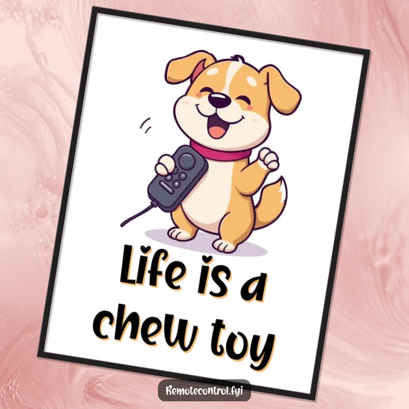 Funny Free Printable Wall Art: A silly dog character is gleefully spinning a remote control around its paw.