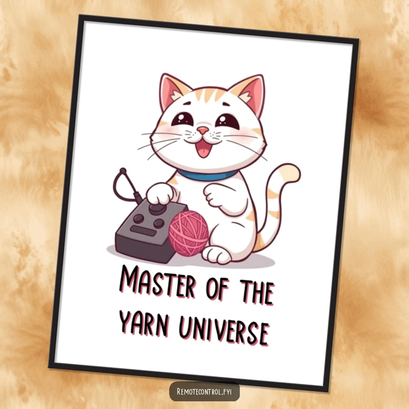 Funny Free Printable Wall Art: Proud cat using a remote control to make a bouncing yarn ball dance.