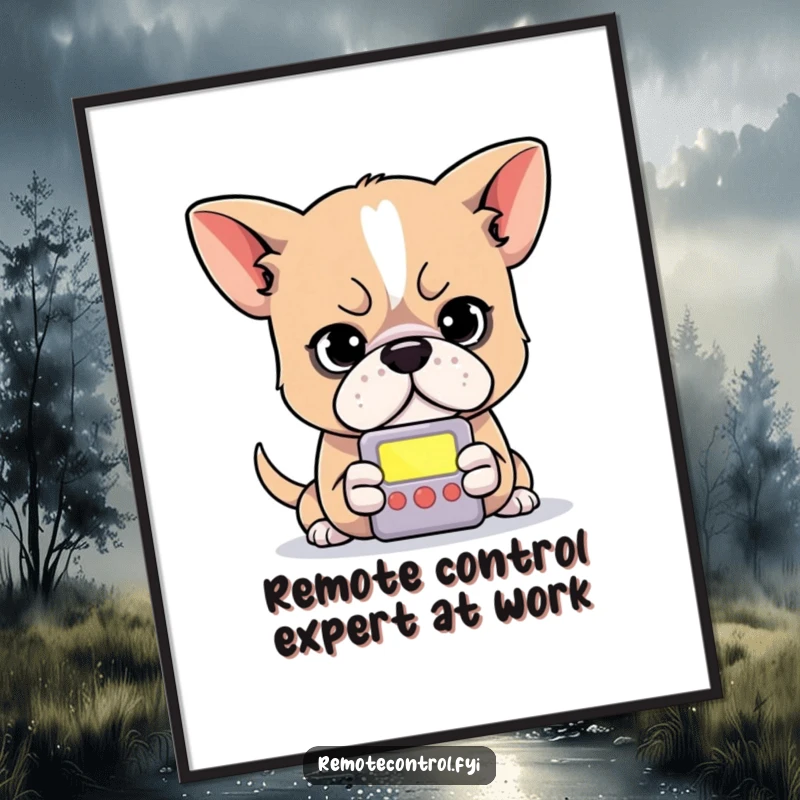 Funny Free Printable Wall Art: Determined dog intently focusing on a small, glowing remote control screen, looking serious.