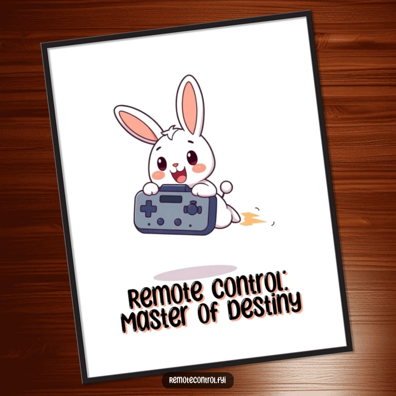 Funny free printable wall art of a bunny zooming with a giant remote, representing fun and control.