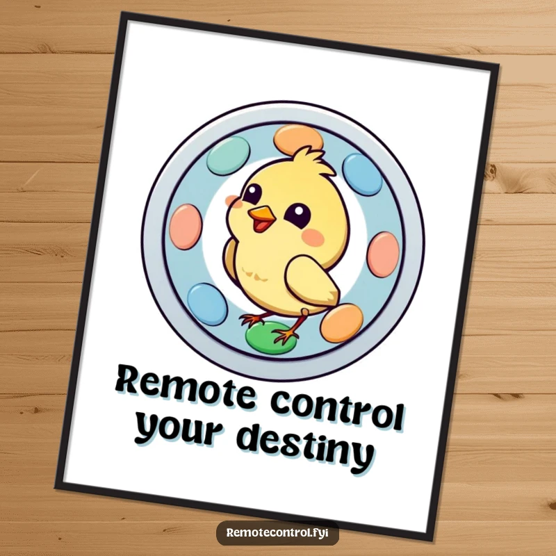 Funny Free Printable Wall Art: A happy bird character pecking intently at a large, colorful button on a remote control.