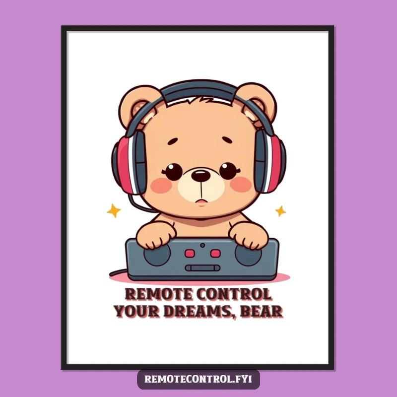 Funny Free Printable Bear Headphones Remote Downloadable Wall Art - DIY Decor