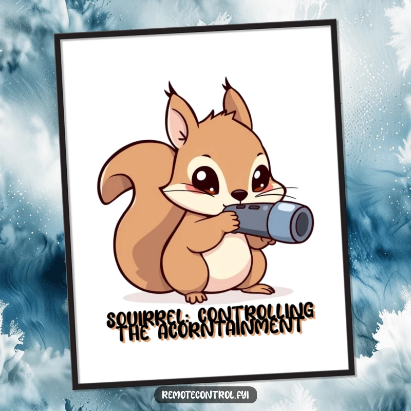 Funny Free Printable Wall Art: A kawaii squirrel with mischievous eyes aims a remote, exuding playful intent.