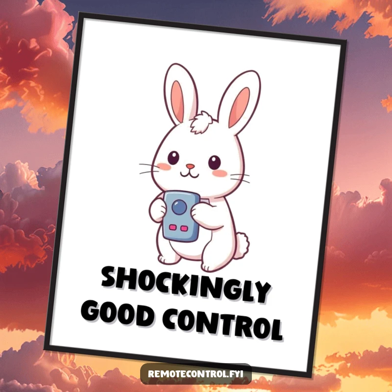 Funny Free Printable wall art featuring a kawaii rabbit holding a remote control, looking shocked and surprised by a button’s unexpected effect.