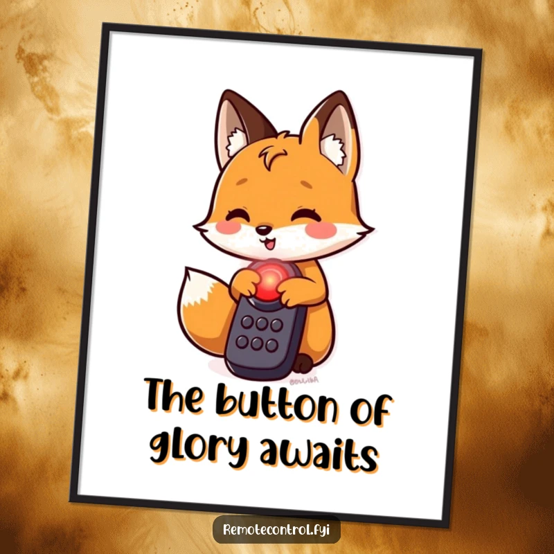 Funny free printable wall art of a curious fox about to press a glowing red button on a remote.