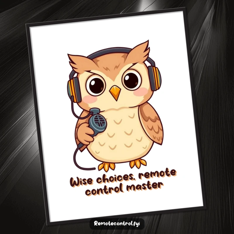 Funny Free Printable Wall Art of a cool owl wearing a tiny headset and holding a remote like a microphone, perfect for gaming rooms.