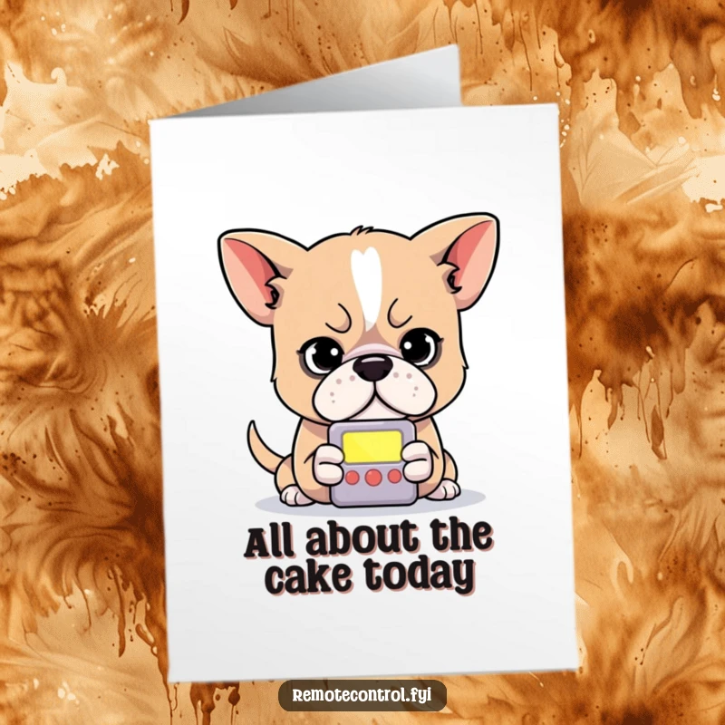 Funny Free Printable Birthday Card: Determined dog intently staring at a small, glowing remote control screen.