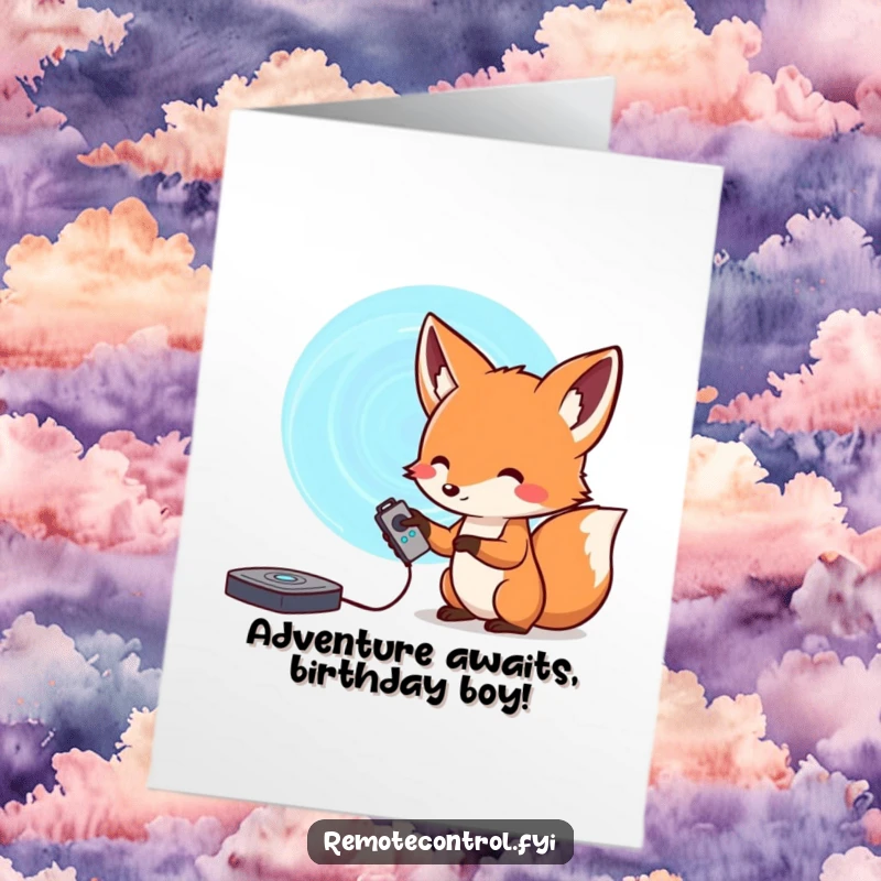 Funny Free Printable Birthday Card: Curious fox holding a remote, pointing it at a swirling, mysterious portal.