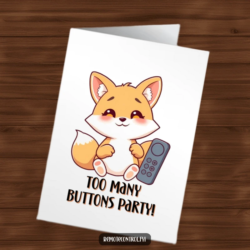 Funny Free Printable Birthday Card: A wide-eyed, giggling fox comically struggles with a pile of remote controls.