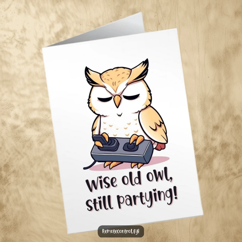 Funny Free Printable Birthday Card: Kawaii owl concentrating intensely on a remote control, ready for birthday entertainment.