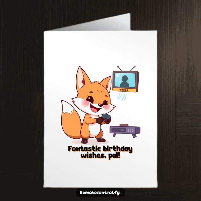 Funny Free Printable Birthday Card: Mischievous fox with a wide grin aiming a remote at a floating TV. Hilarious downloadable gift.