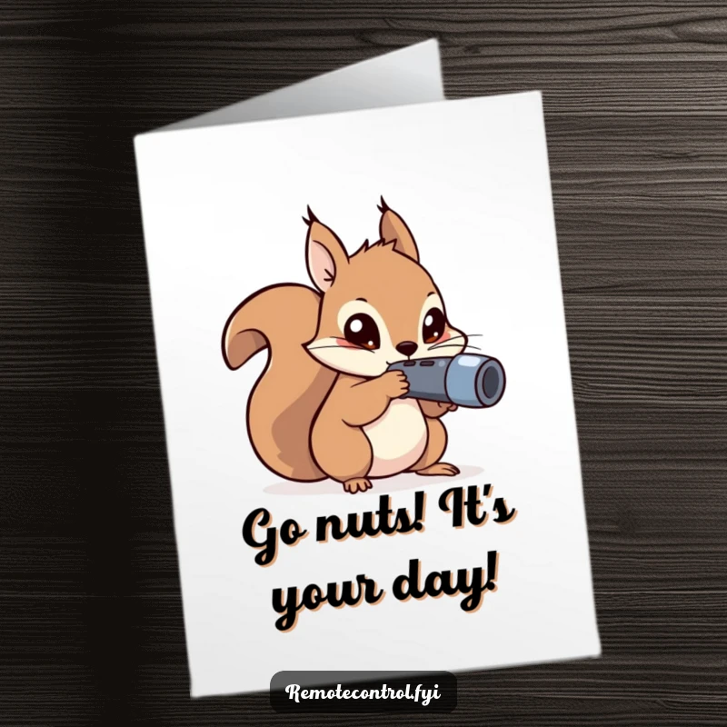 Funny Free Printable Birthday Card: Kawaii squirrel with mischievous eyes aims a remote, plotting birthday fun.