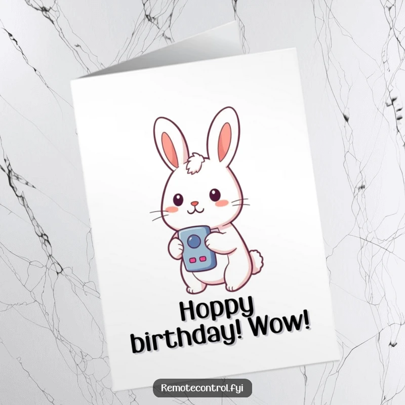 Funny Free Printable birthday card featuring a wide-eyed kawaii rabbit holding a remote, looking utterly surprised by an unexpected button.