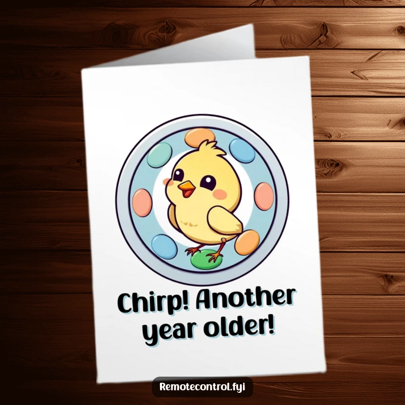 Funny Free Printable Birthday Card: A happy bird character intensely pecks a giant colorful remote button, ready to change channels.