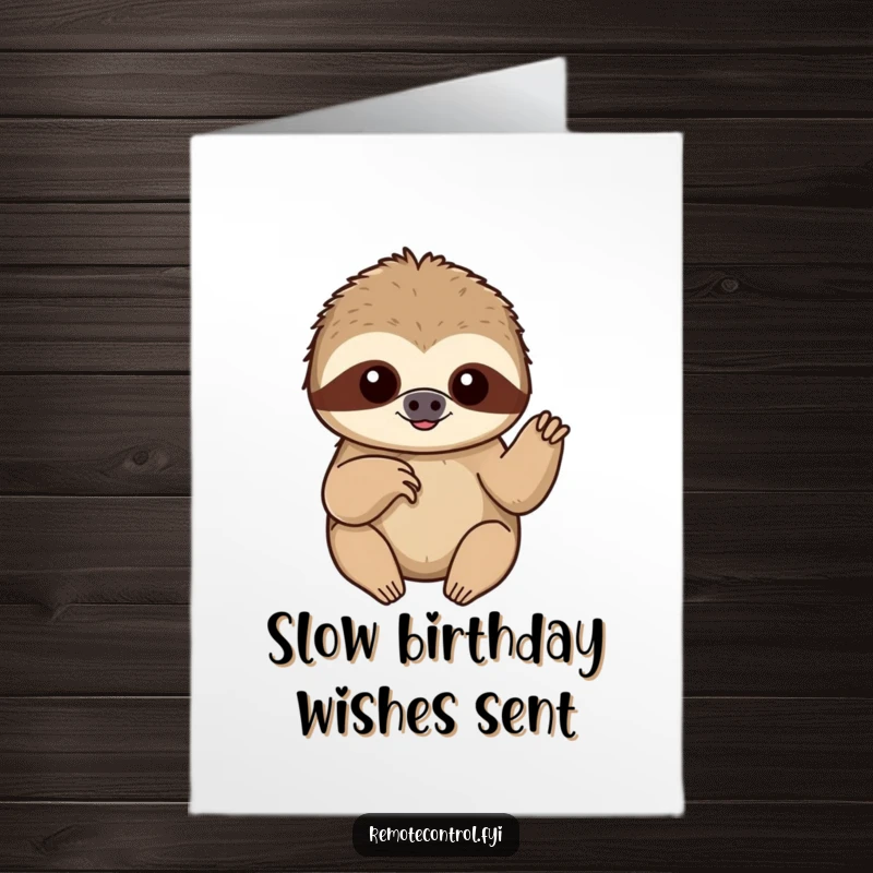 Funny Free Printable Birthday Card: A content sloth slowly pushes a button with a single finger, perfectly patient.