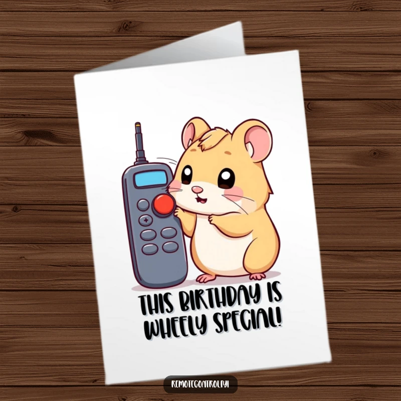 Funny Free Printable Hamster Birthday Card: Hamster curiously poking remote button with nose, exploring.