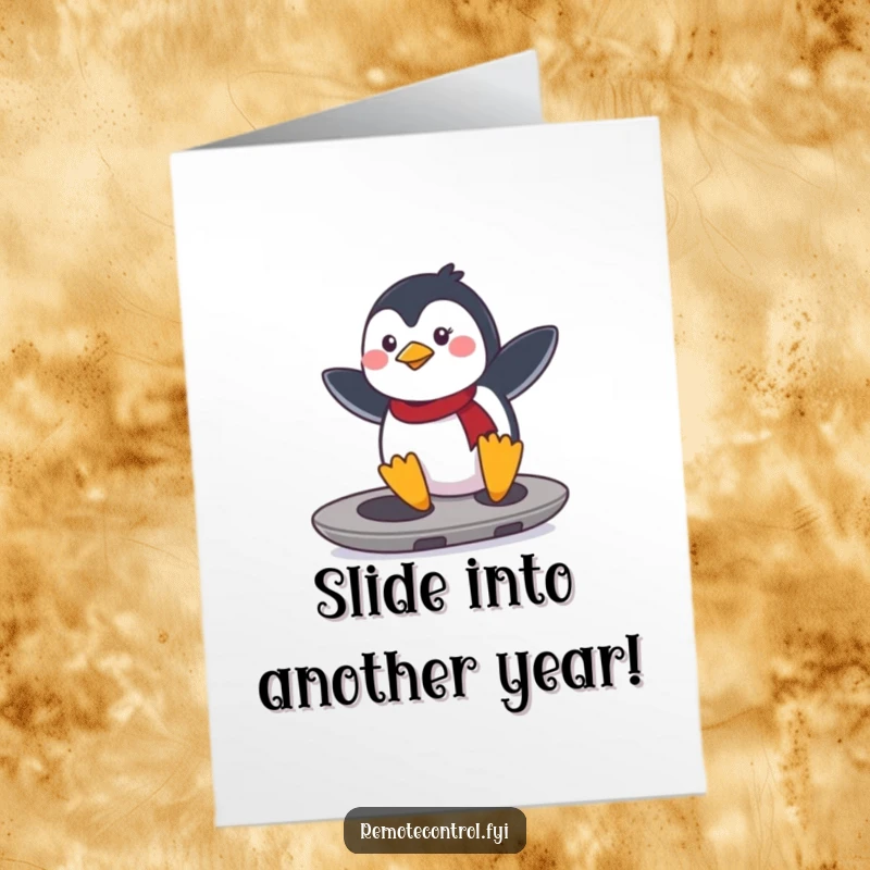 Funny Free Printable Birthday Card: A determined penguin surfs a remote control like a surfboard, celebrating with a cool, adventurous vibe.