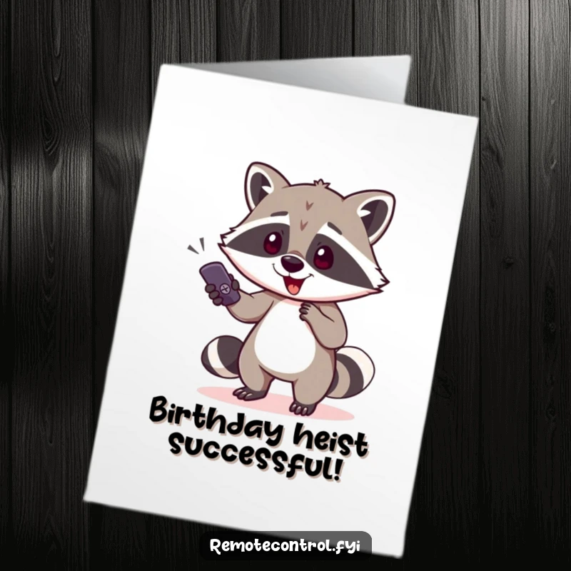 Funny Free Printable Birthday Card: Mischievous raccoon character tiptoes away with a remote control, a sly grin.